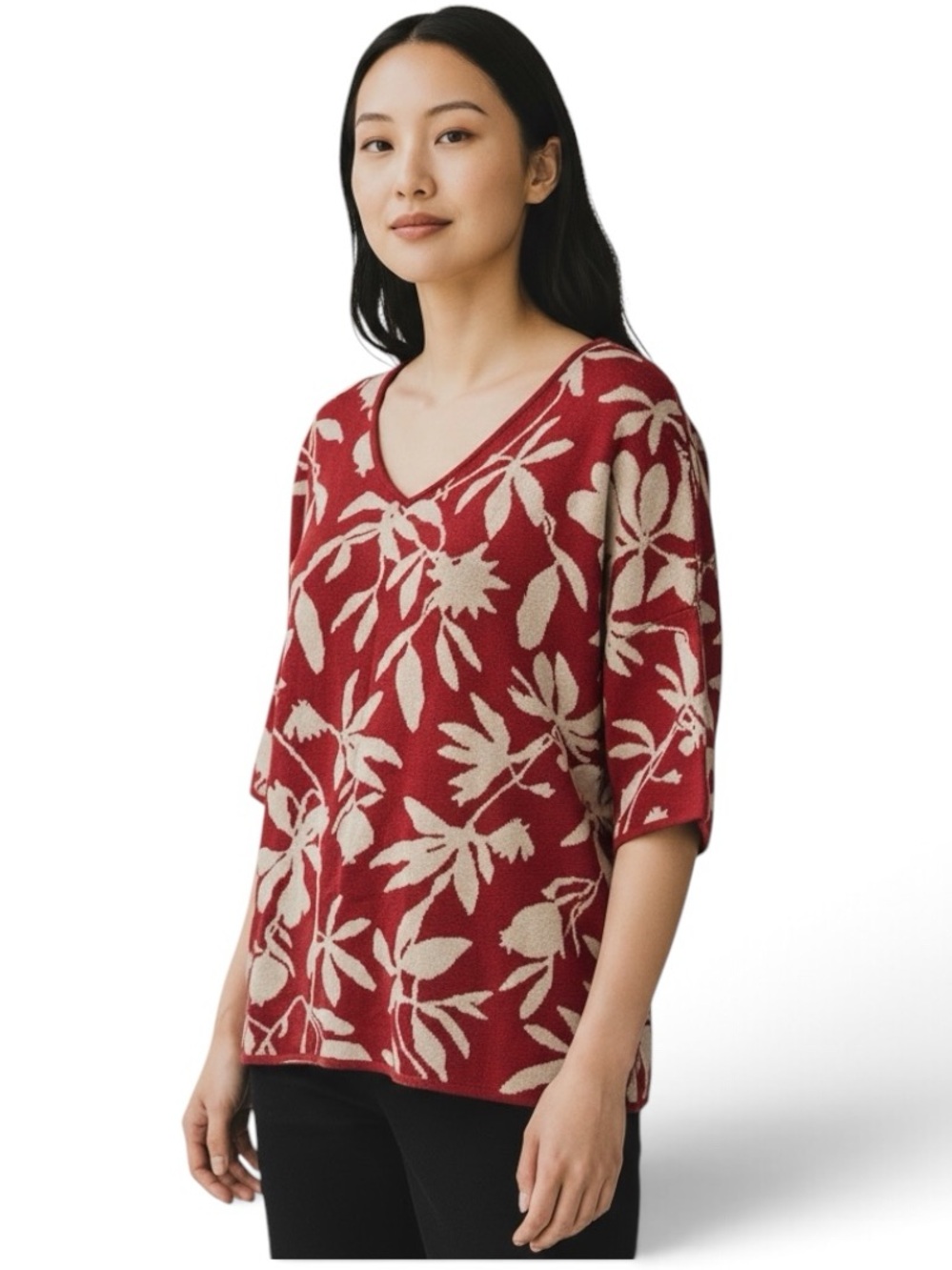 Peruvian Connection Red and Cream Botanical V-Neck Sweater Pima Cotton Size M/L